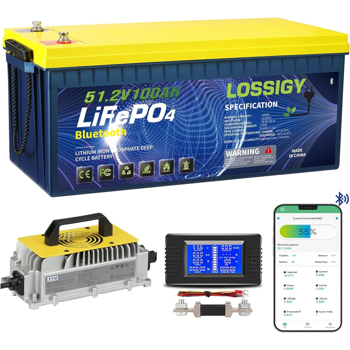 LOSSIGY 12V 100Ah LiFePO4 Battery with Bluetooth, Self-Heating Lithium Battery, Built-in 100A BMS, Perfect for RV, Trolling Motor, Off-Grid, 10-Year Warranty
